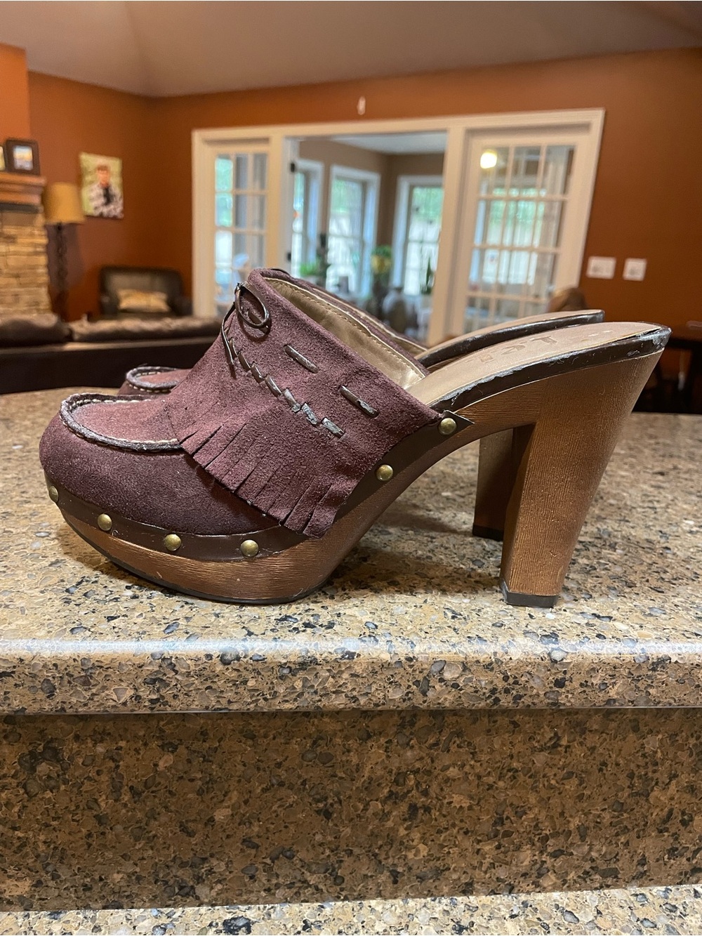 Y2K Hot! lei Anetteco Brown Suede Fringe Studded Platform Mule Chunky Heel Sz 11